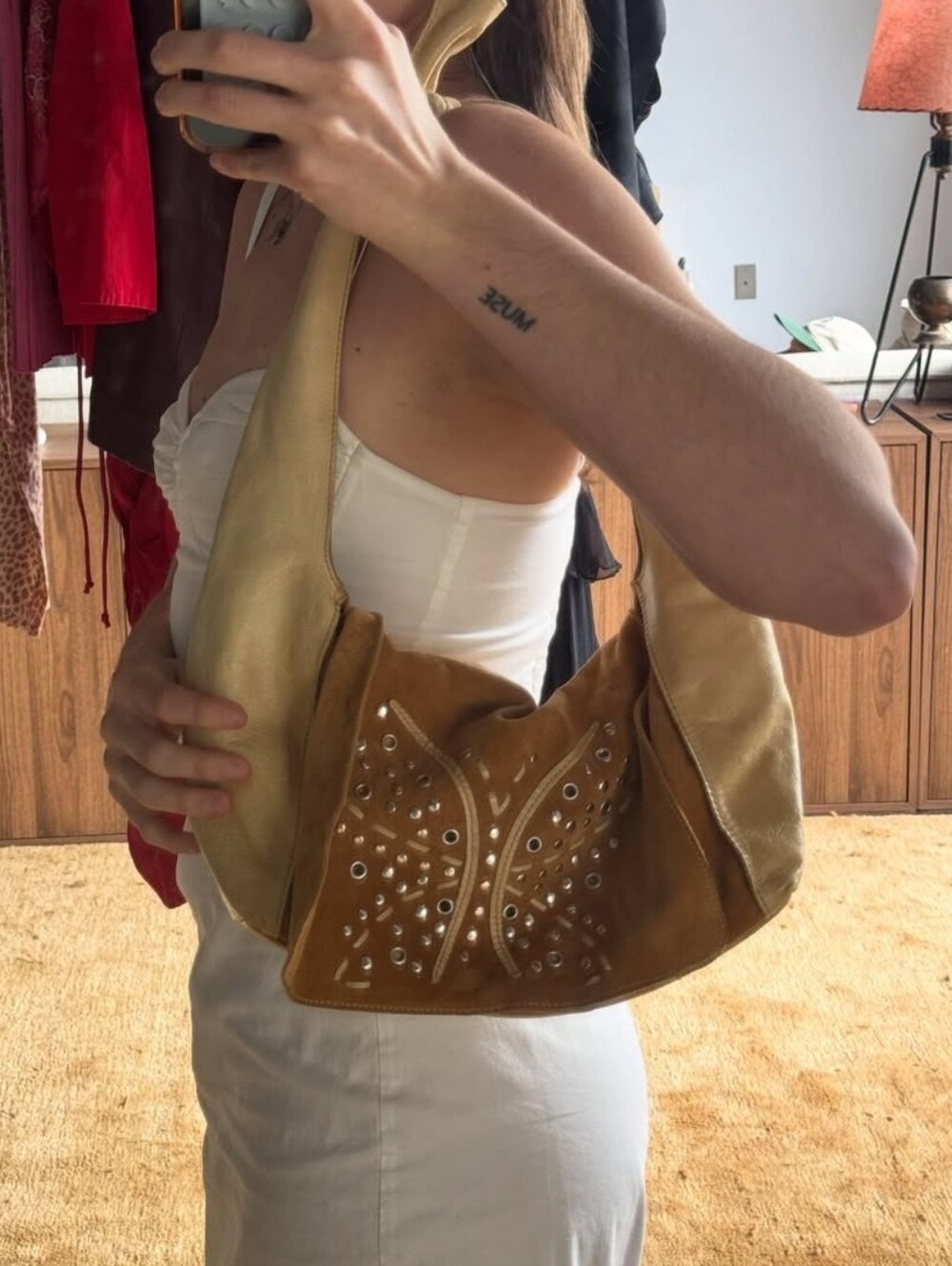 Arcadia Italy Vintage Gold Leather Hobo Bag Butterfly Embossed Y2K Rare - Picture 16 of 16